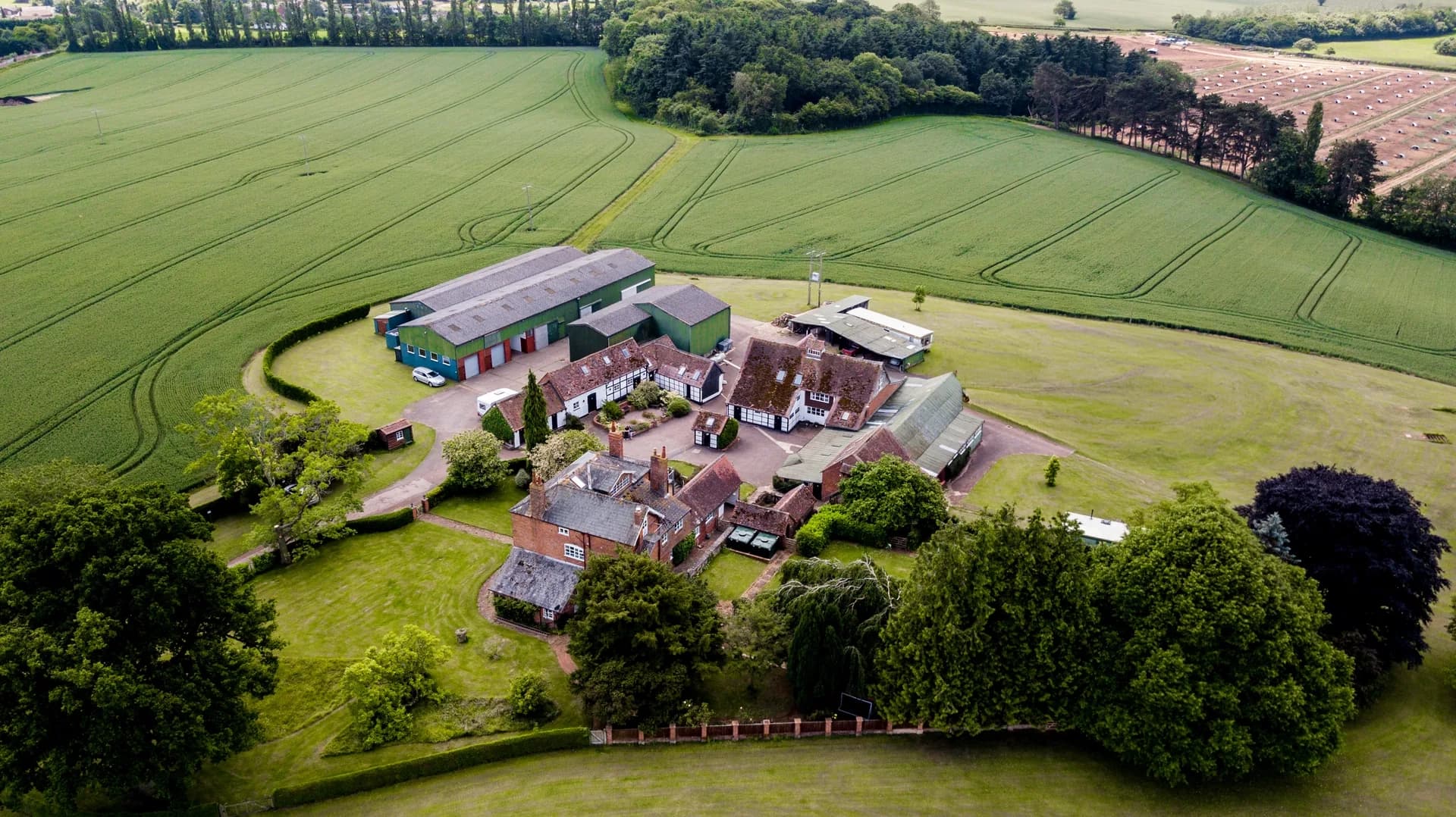 Aerial view of The Poplars Christian conference venue in Ledbury countryside