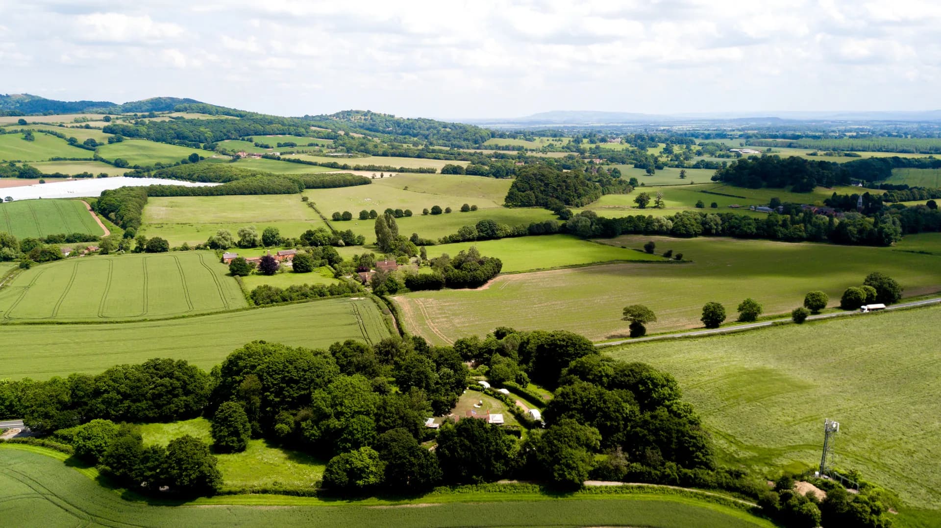 Aerial view of The Poplars estate and countryside surroundings